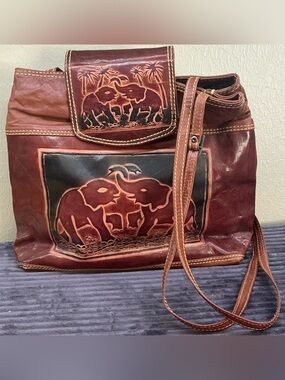 Rare Vintage Bonia Tooled Luxury Leather Shoulder Bag Embossed Tribal Elephant